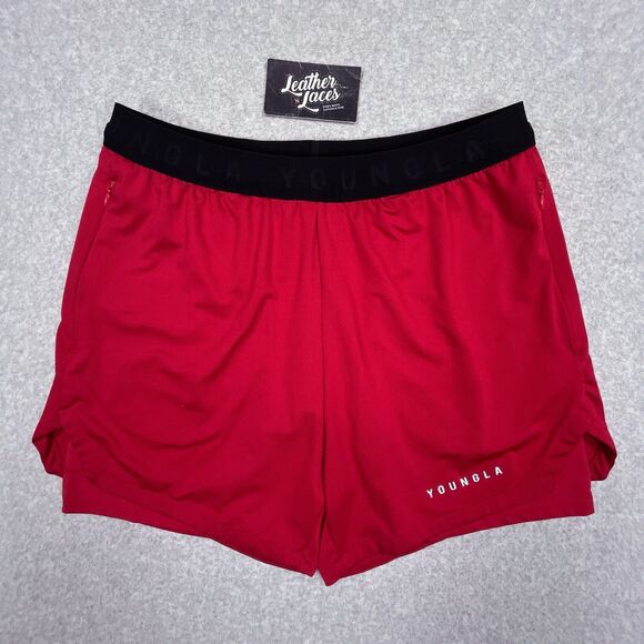 YoungLA Signature Shorts Mens Medium Red Lined Workout Jersey Gym Zipper Pocket - Picture 1 of 12